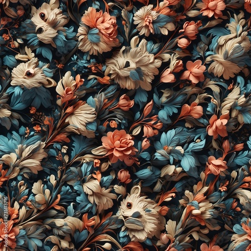 Whimsical Animals Hiding in the flowers  Seamless Pattern photo