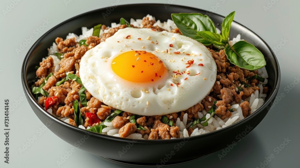 Basil minced pork with rice and fried egg, realistic, HD, copy space - generative ai Basil minced pork with rice and fried egg, realistic, HD, copy space - generative ai