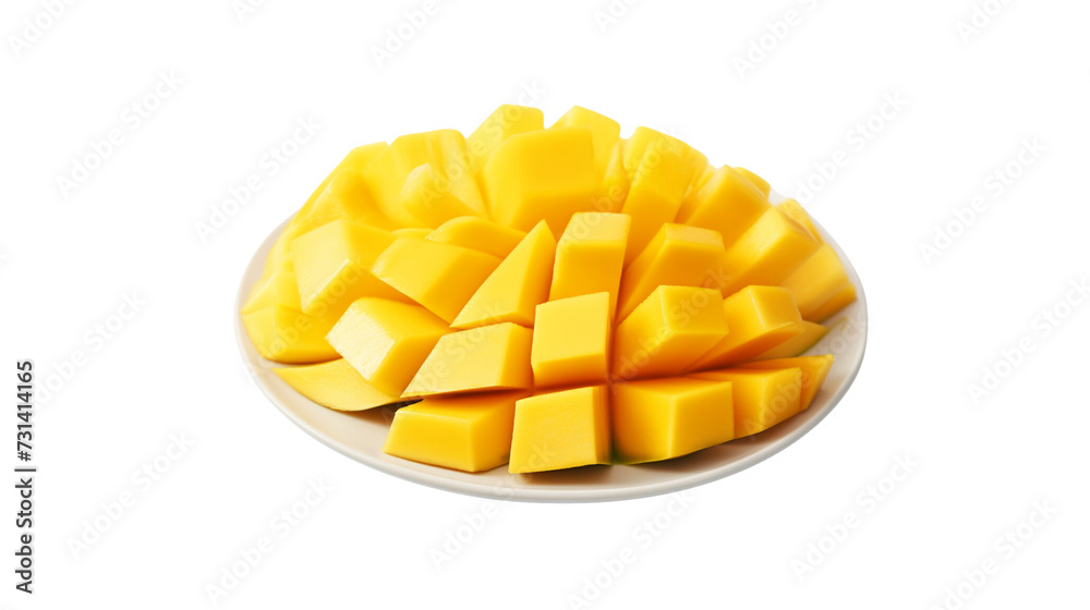Ripe mango cut into pieces, ready to eat, placed on a plate. Ripe mango cut into pieces, ready to eat, placed on a plate.