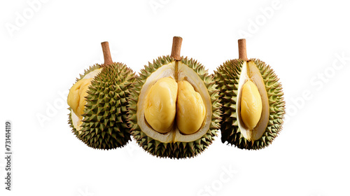 Image of a durian cut down the middle and standing straight. Beautifully arranged