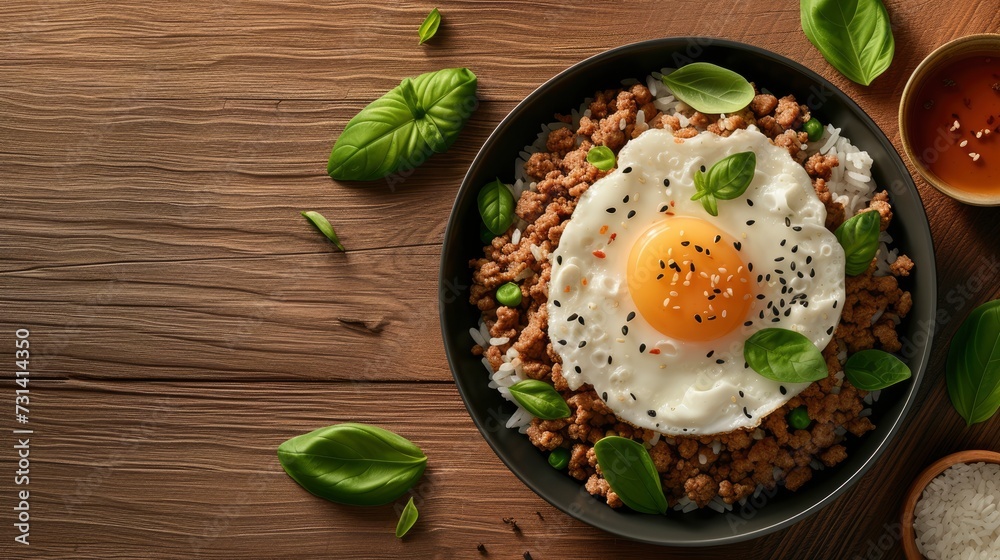 Basil minced pork with rice and fried egg, realistic, HD, copy space - generative ai Basil minced pork with rice and fried egg, realistic, HD, copy space - generative ai