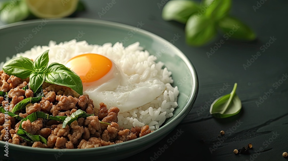 Basil minced pork with rice and fried egg, realistic, HD, copy space - generative ai Basil minced pork with rice and fried egg, realistic, HD, copy space - generative ai