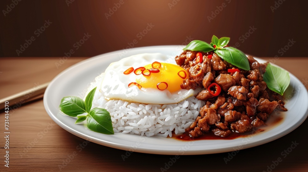 Basil minced pork with rice and fried egg, realistic, HD, copy space - generative ai Basil minced pork with rice and fried egg, realistic, HD, copy space - generative ai