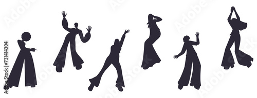 Silhouettes of people in various dance poses. Black and white seamless border. Dancing in the style of the 70s. Vector illustration. Isolated on a white background.