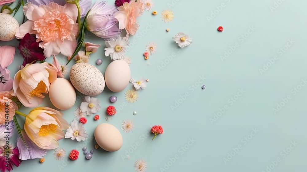Top View of Happy Easter Day banner concept design of colorful eggs and plants on pastel background Top View of Happy Easter Day banner concept design of colorful eggs and plants on pastel background
