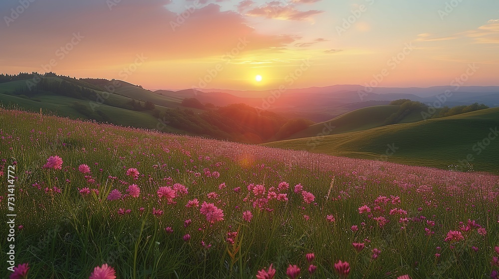 sunset on grassy hills with pink flowers in the foreground 