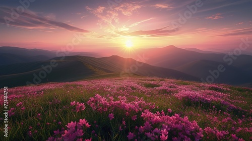 sunset on grassy hills with pink flowers in the foreground