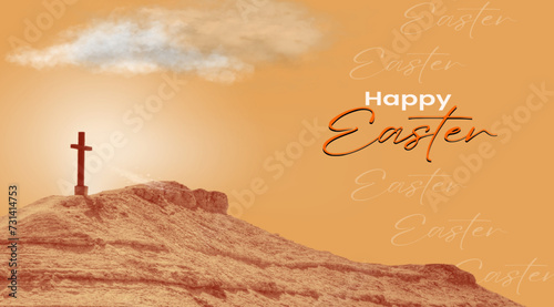 easter card with mountain with an illuminated cross and legend of happy easter