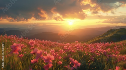 sunset on grassy hills with pink flowers in the foreground 