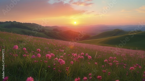 sunset on grassy hills with pink flowers in the foreground 