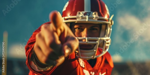 American football player in red jersey pointing finger at camera. Selective focus.