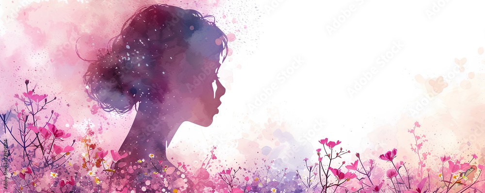 silhouette of a woman's face in profile with flowers, women's day concept, banner