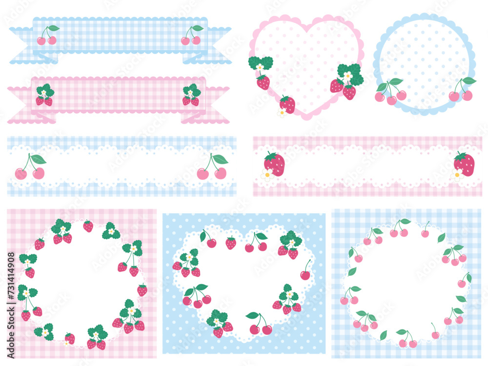 いちごとさくらんぼのかわいいフレームのベクターイラストセット。苺、チェリー、ガーリー いちごとさくらんぼのかわいいフレームのベクターイラストセット。苺、チェリー、ガーリー