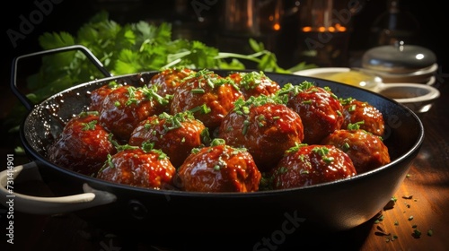 meatballs with melted tomato sauce on a bowl with a black and blur background