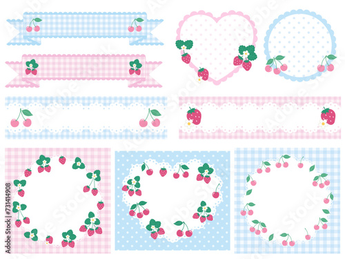 いちごとさくらんぼのかわいいフレームのベクターイラストセット。苺、チェリー、ガーリー