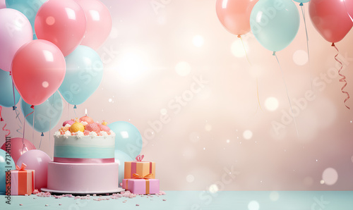 birthday cake with candles on a background of colored confetti and balloons