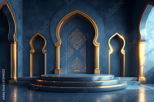 3D Islamic style podium banner for product display, beautiful Muslim invitation with Ramadan and Eid Mubarak. Suitable for religious events.