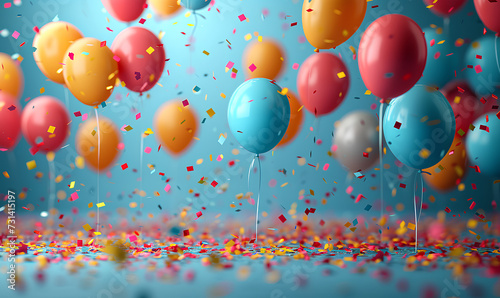 Colorful balloons and confetti on colored background, selected focus