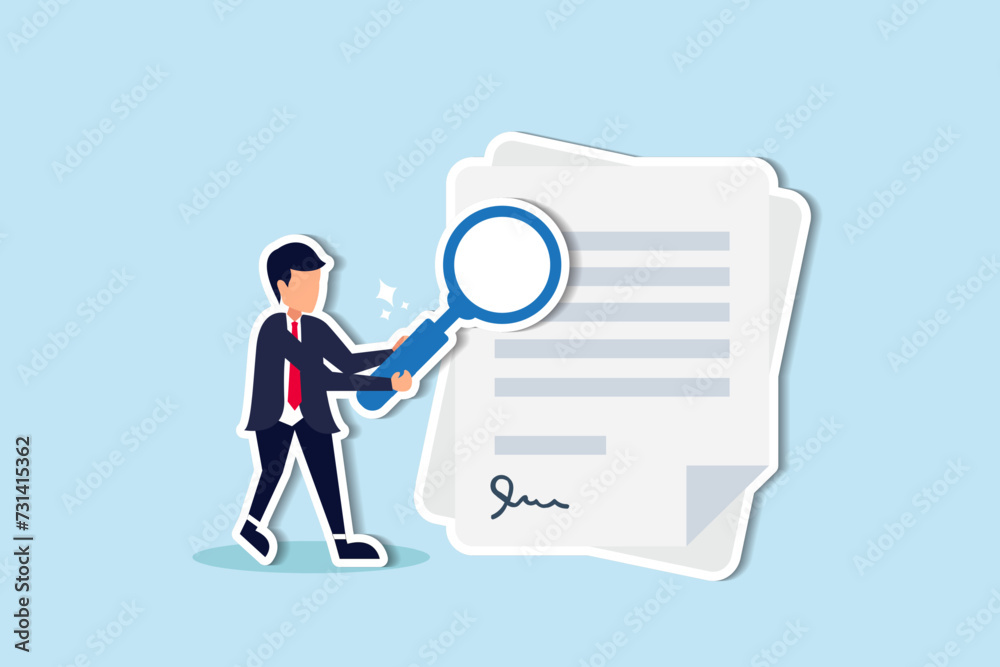 Verify documents, validate agreements or contracts, conduct financial or budget analysis, search for document files concept, businessman manager holding big magnifying glass checking document paper. Verify documents, validate agreements or contracts, conduct financial or budget analysis, search for document files concept, businessman manager holding big magnifying glass checking document paper.