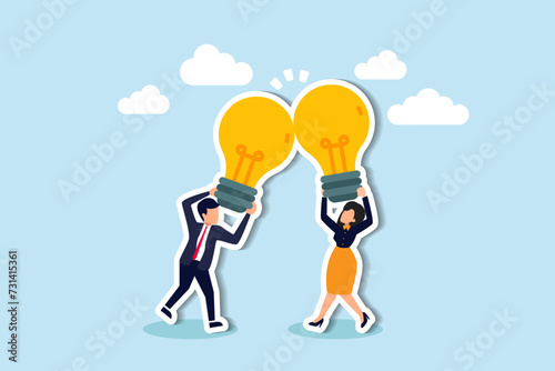 Merge ideas, synergize or collaborate for solutions, brainstorm, teamwork or jointly innovate for great ideas concept, businessman, businesswoman join or combine lightbulb idea for best result.