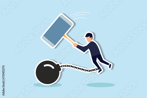 Escape old habits for freedom, clear debt, shed shackles of anxiety, seek liberation and break free concept, confidence businessman use hammer to break heavy chain burden