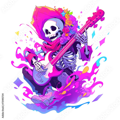 Skeleton Playing Guitar In Neoncore Style for t-shirt Design, Poster, Tattoo. Vector Illustration PNG Image