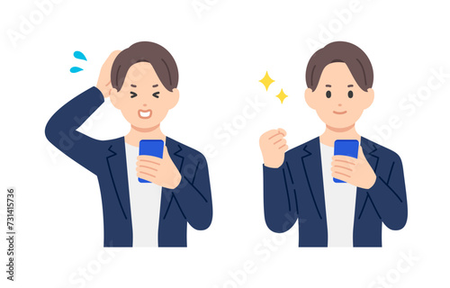 スマホを見て焦る･ガッツポーズをするビジネスパーソン男性のセット【人物ベクターイラスト素材】