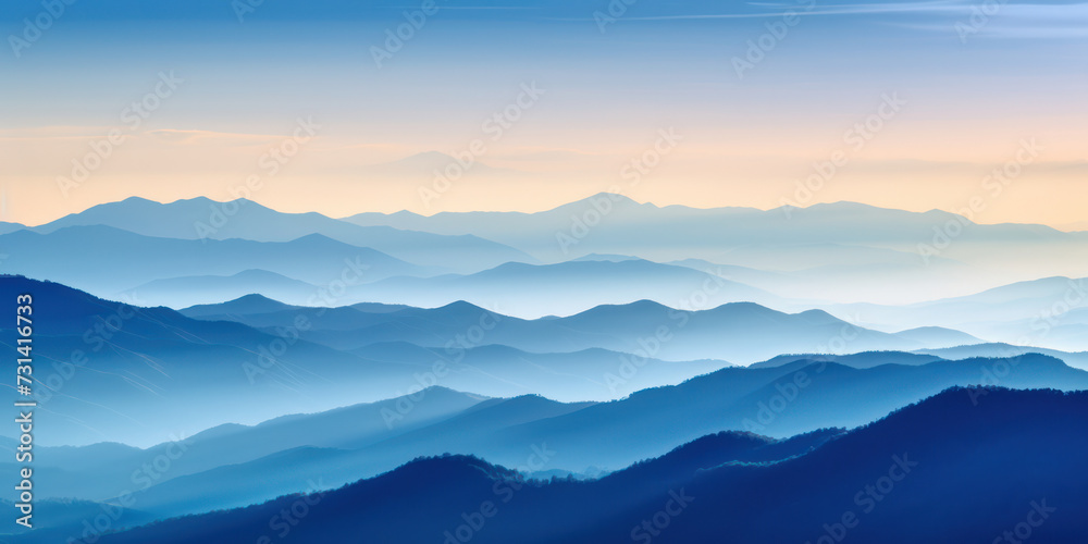 Misty Mountain Sunrise: A Serene Landscape Painting with Blue Haze and a Foggy Forest Background.