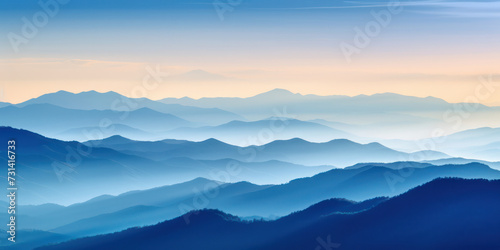 Misty Mountain Sunrise: A Serene Landscape Painting with Blue Haze and a Foggy Forest Background.