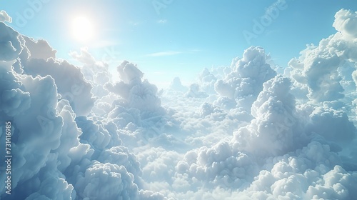 White blue fantastic 3d clouds in the room interior, sky and landscape. Gentle colors and with bright lights. 
