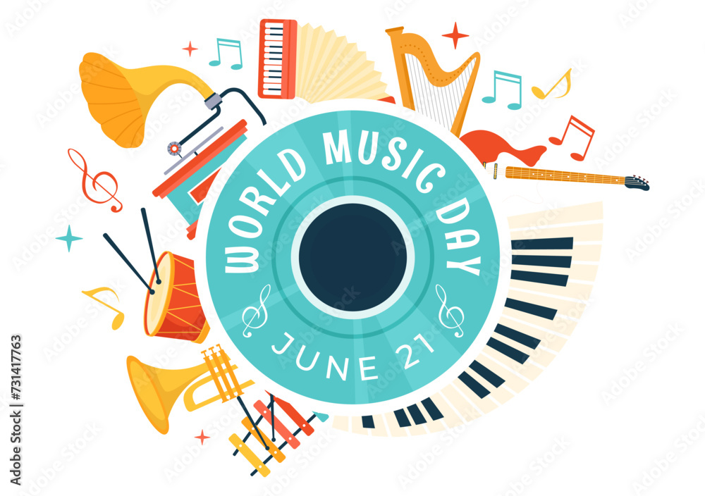 World Music Day Vector Illustration on 21 June with Various Musical Instruments and Notes in Flat Cartoon Background Design