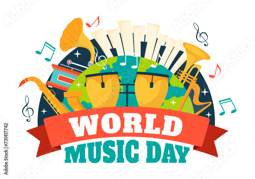 World Music Day Vector Illustration on 21 June with Various Musical Instruments and Notes in Flat Cartoon Background Design