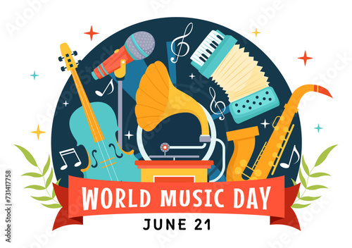 World Music Day Vector Illustration on 21 June with Various Musical Instruments and Notes in Flat Cartoon Background Design