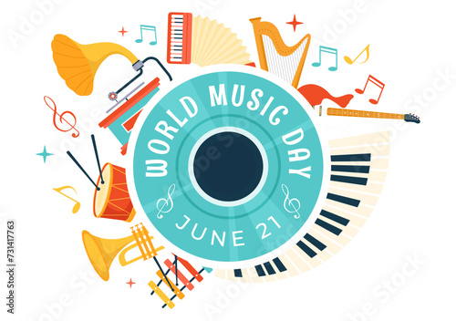 World Music Day Vector Illustration on 21 June with Various Musical Instruments and Notes in Flat Cartoon Background Design