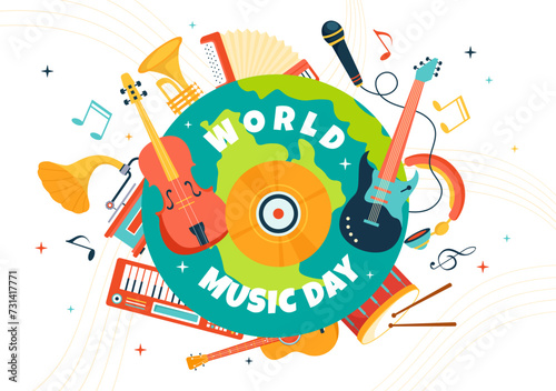 World Music Day Vector Illustration on 21 June with Various Musical Instruments and Notes in Flat Cartoon Background Design