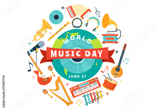 World Music Day Vector Illustration on 21 June with Various Musical Instruments and Notes in Flat Cartoon Background Design