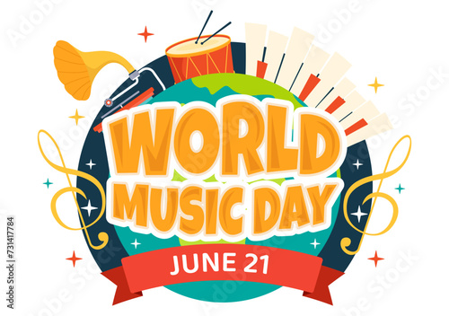 World Music Day Vector Illustration on 21 June with Various Musical Instruments and Notes in Flat Cartoon Background Design