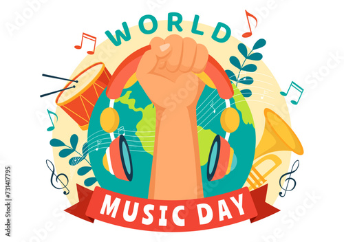 World Music Day Vector Illustration on 21 June with Various Musical Instruments and Notes in Flat Cartoon Background Design