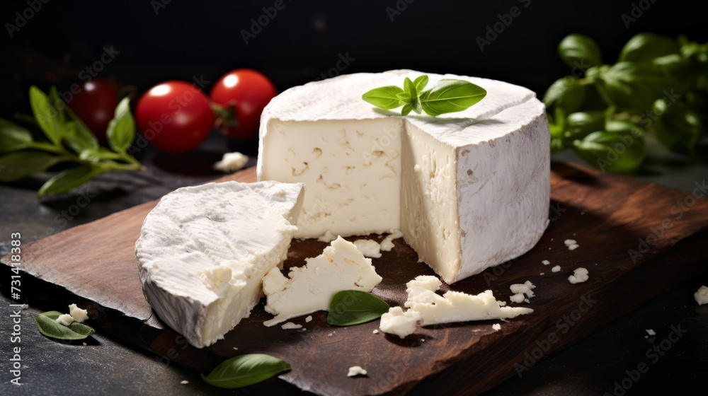 A block of feta cheese on a wooden cutting board, accompanied by cherry tomatoes and fresh basil, evoking Mediterranean flavors