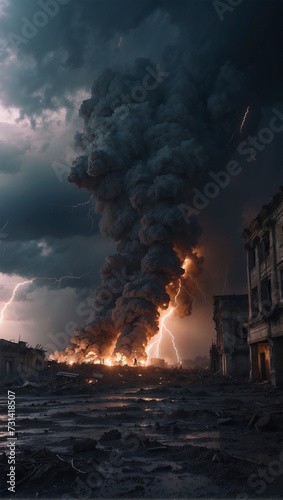 Photo illustration of lightning flashes with hurricane winds destroying buildings 3