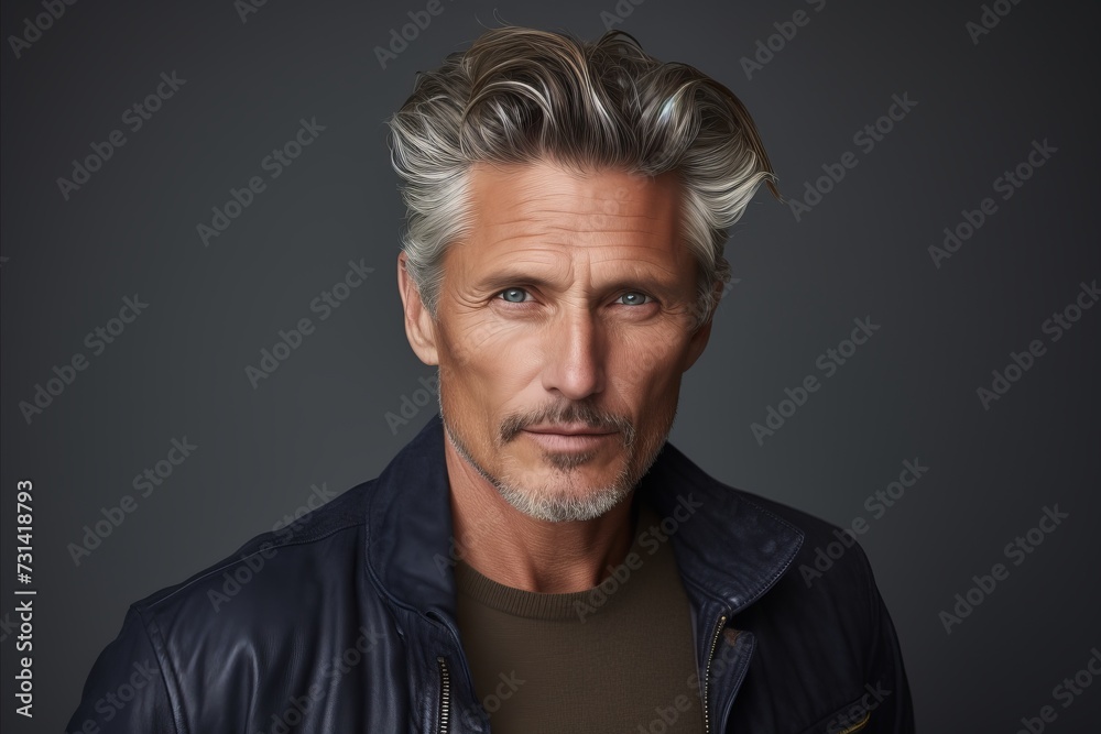 Portrait of a handsome mature man in a leather jacket. Men's beauty, fashion. - obrazy, fototapety, plakaty 