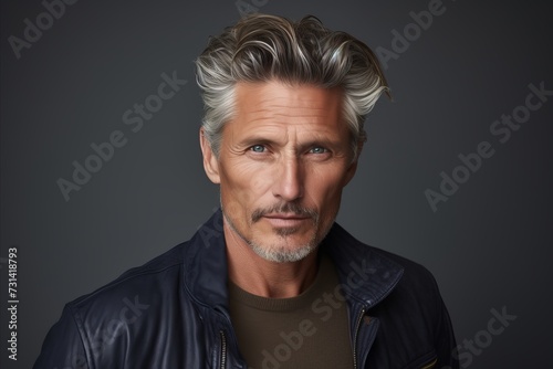 Portrait of a handsome mature man in a leather jacket. Men's beauty, fashion. © Inigo