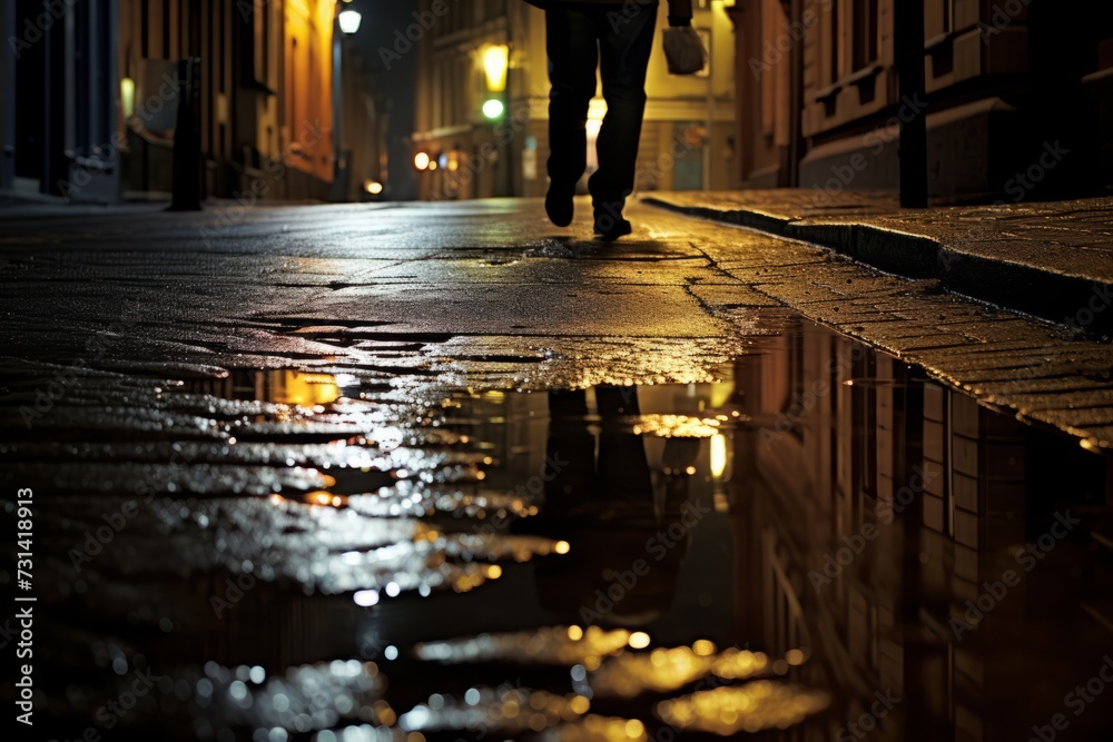 Lone pedestrian reflected in the wet asphalt in night city street