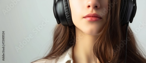 A woman's close-up reveals her wearing headphones, highlighting her nose, cheek, lip, eyebrow, eyelash, ear, jaw, neck, and a gesture with audio equipment.