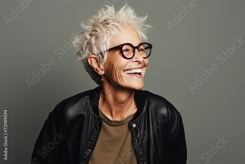 Portrait of a smiling senior woman in black leather jacket and glasses.