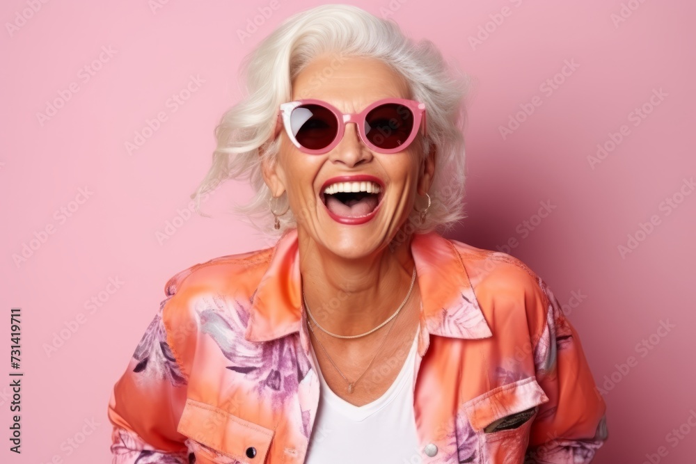 Portrait of a happy senior woman in sunglasses over pink background.