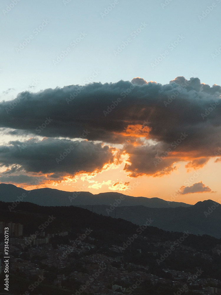 Sunset background with different textures and colors in the clouds. Medellin, Colombia. 