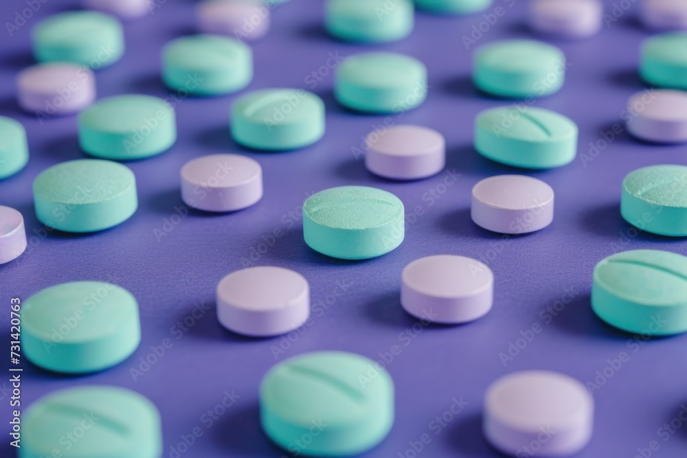 Close-up of pastel-colored tablets with geometric patterns on a dark violet background. Close-up of pastel-colored tablets with geometric patterns on a dark violet background.