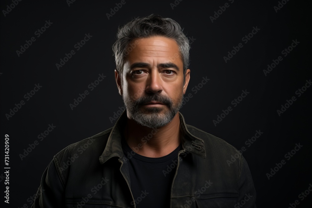 Portrait of a bearded man in a black shirt on a dark background