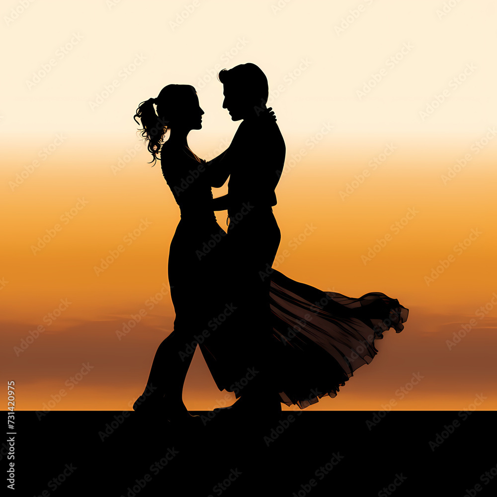 Silhouette of a couple dancing.